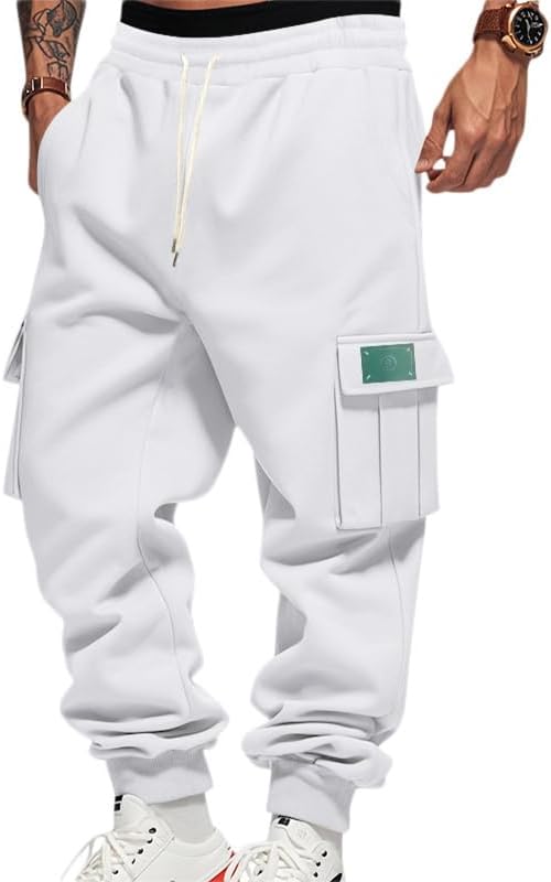 Mens Fleece Cargo Sweatpants Heavyweight Elastic Waist Pants with Pockets Baggy Drawstring Jogger Pants - Image 28