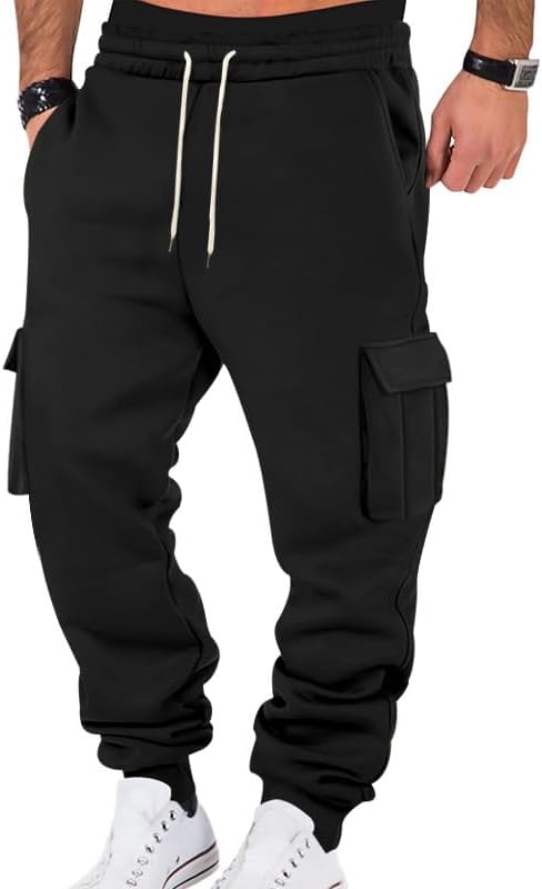 Mens Fleece Cargo Sweatpants Heavyweight Elastic Waist Pants with Pockets Baggy Drawstring Jogger Pants - Image 8