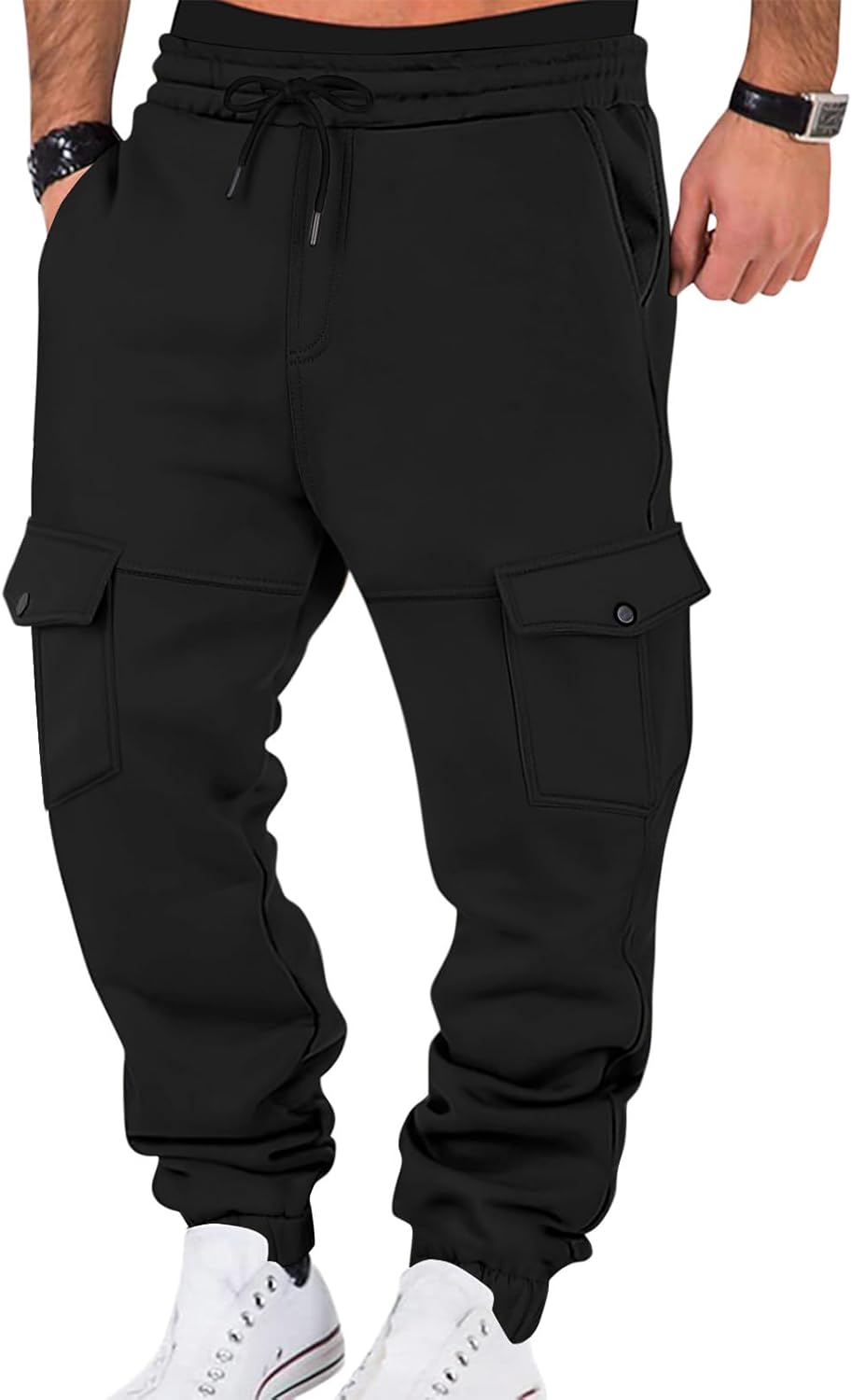 Mens Fleece Cargo Sweatpants Heavyweight Elastic Waist Pants with Pockets Baggy Drawstring Jogger Pants - Image 9