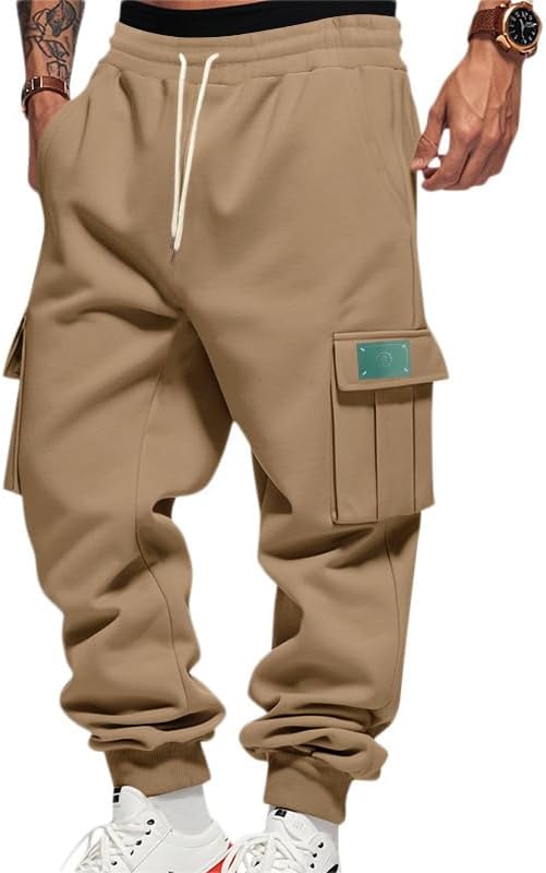 Mens Fleece Cargo Sweatpants Heavyweight Elastic Waist Pants with Pockets Baggy Drawstring Jogger Pants - Image 13