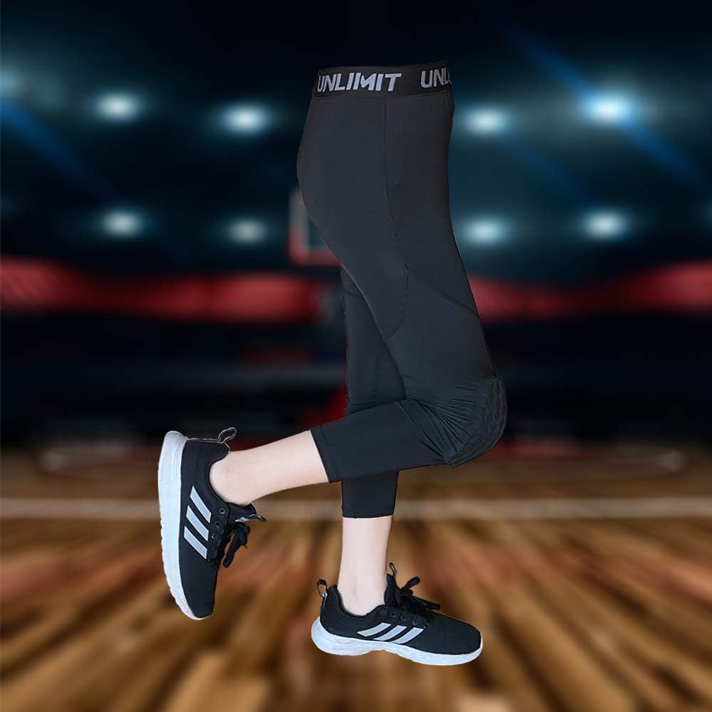 Unlimit for 4-16 yrs, Youth Basketball Pants with Knee Pads, 3/4 Capri Compression Pants for Boys - Image 3