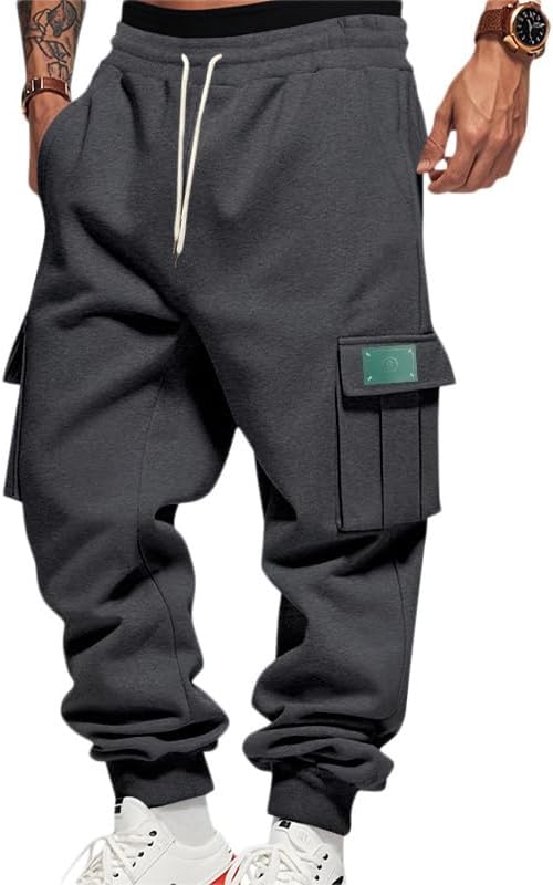 Mens Fleece Cargo Sweatpants Heavyweight Elastic Waist Pants with Pockets Baggy Drawstring Jogger Pants - Image 16