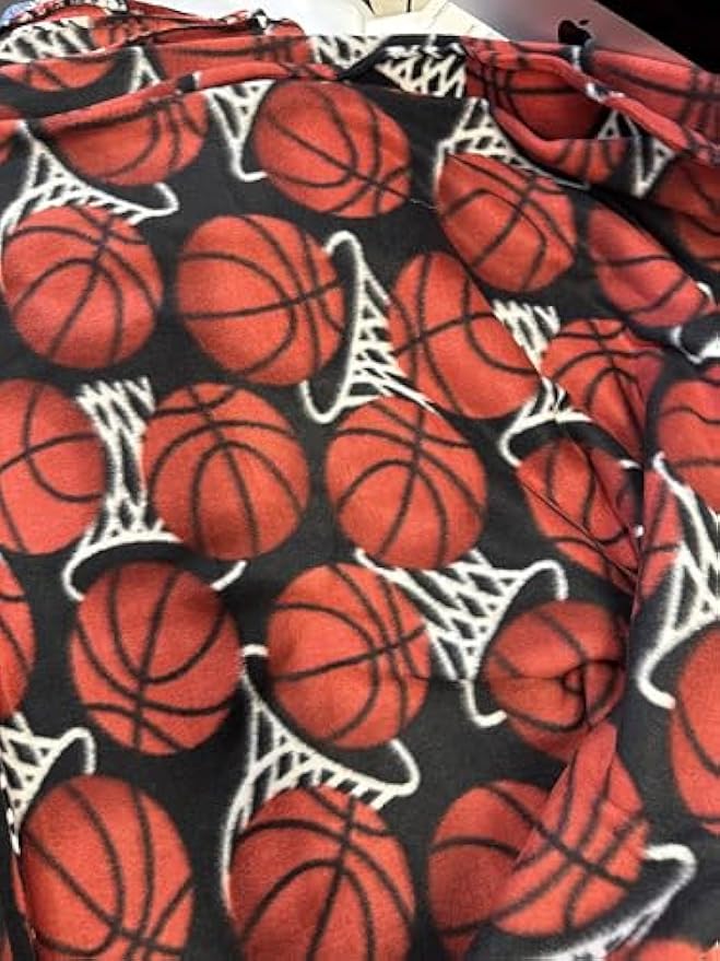 ADFabric, Blizzard or Anti-Pill Fleece with a Printed Pattern of red basketballs and White Hoops or nets on a Black Background, 58" Wide, Sold by Yard. (3 Yard pre Cut) - Image 4