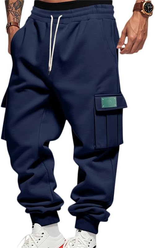 Mens Fleece Cargo Sweatpants Heavyweight Elastic Waist Pants with Pockets Baggy Drawstring Jogger Pants - Image 30