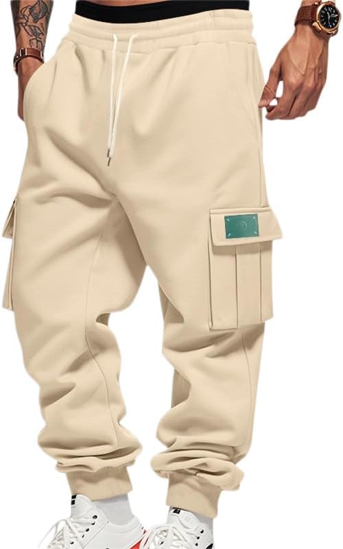 Mens Fleece Cargo Sweatpants Heavyweight Elastic Waist Pants with Pockets Baggy Drawstring Jogger Pants - Image 23