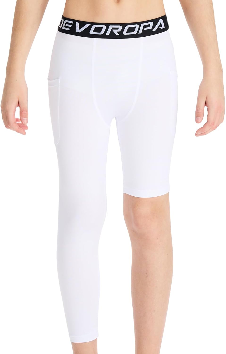 DEVOROPA Youth Boys One Leg Compression Pants for Basketball 3/4 Leggings Sports Tights Athletic Soccer Baselayer Pockets - Image 9