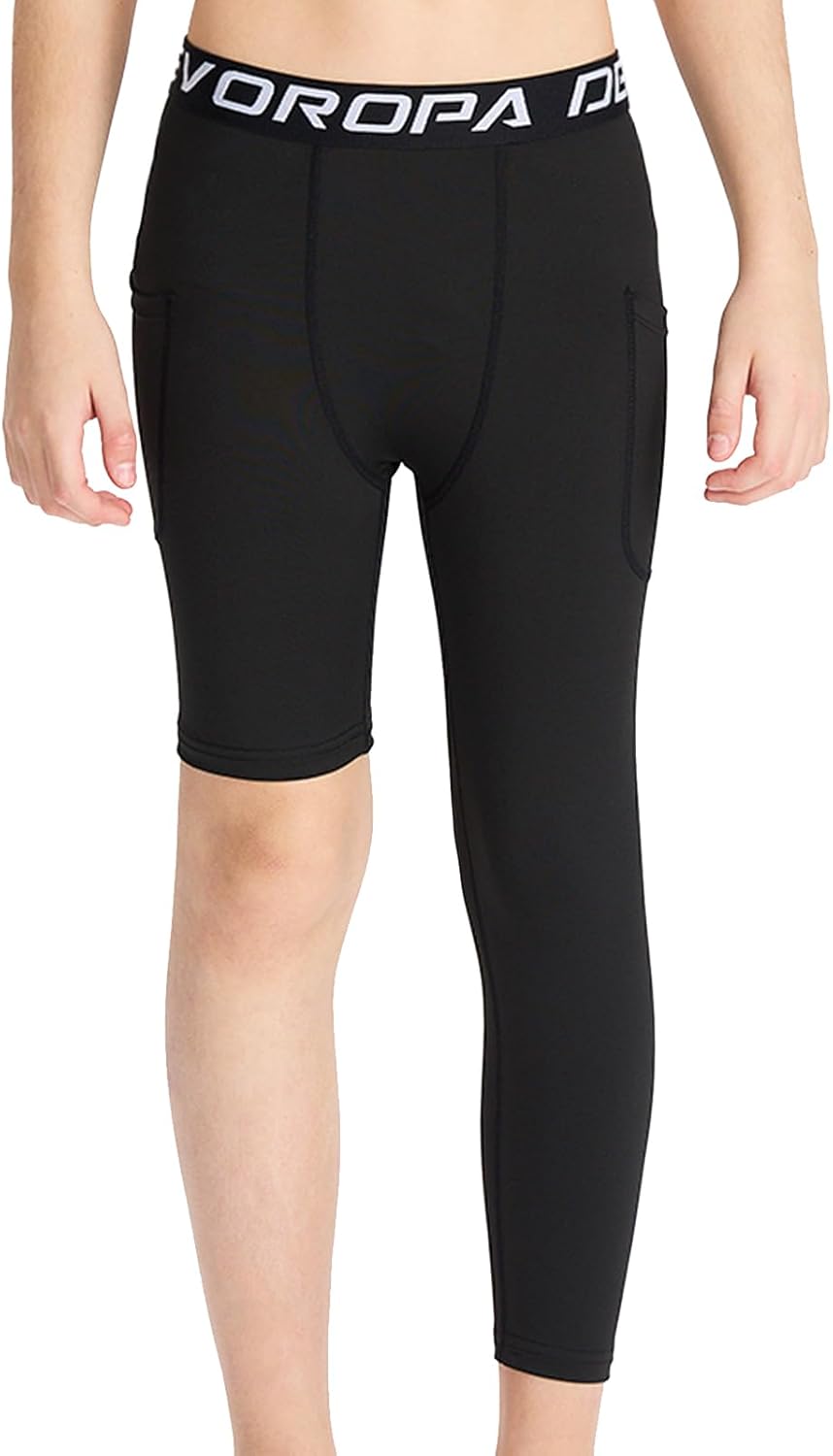 DEVOROPA Youth Boys One Leg Compression Pants for Basketball 3/4 Leggings Sports Tights Athletic Soccer Baselayer Pockets - Image 7