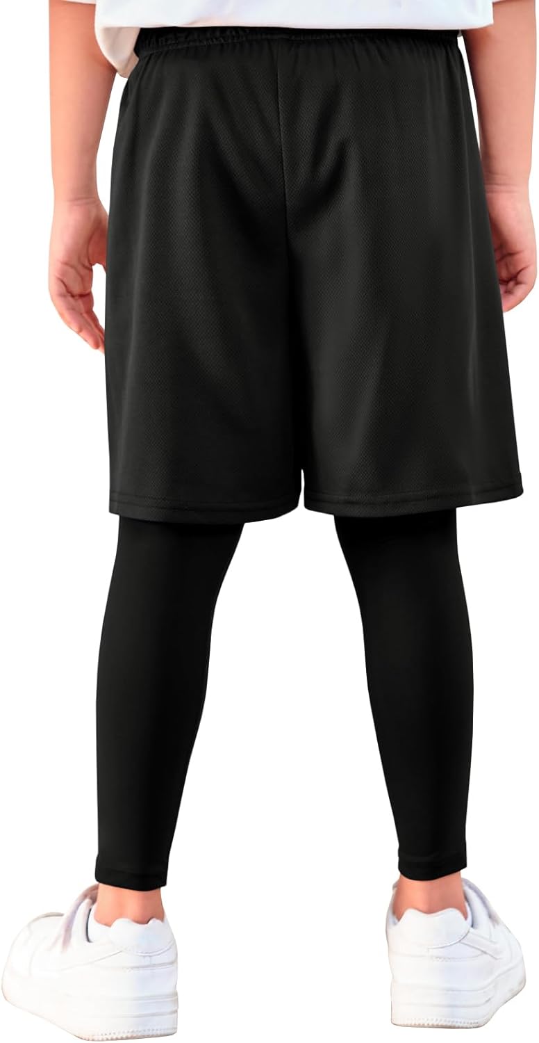 Haloumoning Boys Sports Leggings with Shorts Kids 2 in 1 Running Workout Athletic Legging Pants 5-14 Years - Image 6