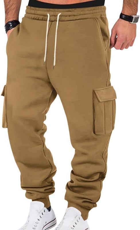Mens Fleece Cargo Sweatpants Heavyweight Elastic Waist Pants with Pockets Baggy Drawstring Jogger Pants