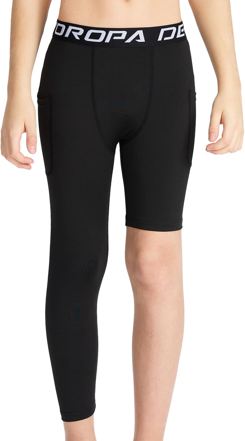 DEVOROPA Youth Boys One Leg Compression Pants for Basketball 3/4 Leggings Sports Tights Athletic Soccer Baselayer Pockets - Image 8