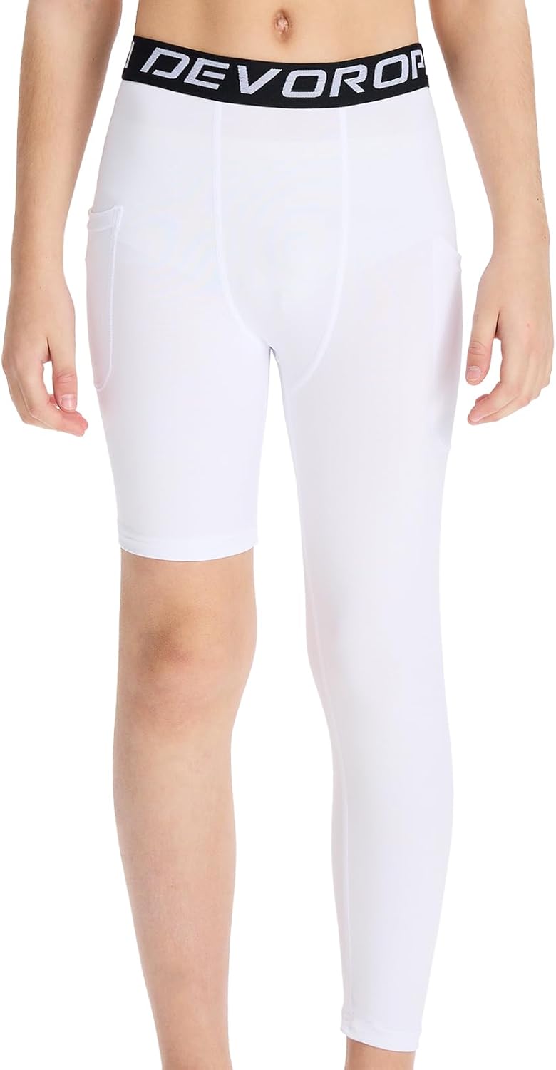 DEVOROPA Youth Boys One Leg Compression Pants for Basketball 3/4 Leggings Sports Tights Athletic Soccer Baselayer Pockets - Image 11
