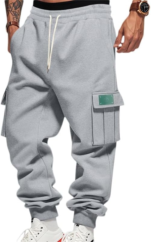 Mens Fleece Cargo Sweatpants Heavyweight Elastic Waist Pants with Pockets Baggy Drawstring Jogger Pants - Image 20