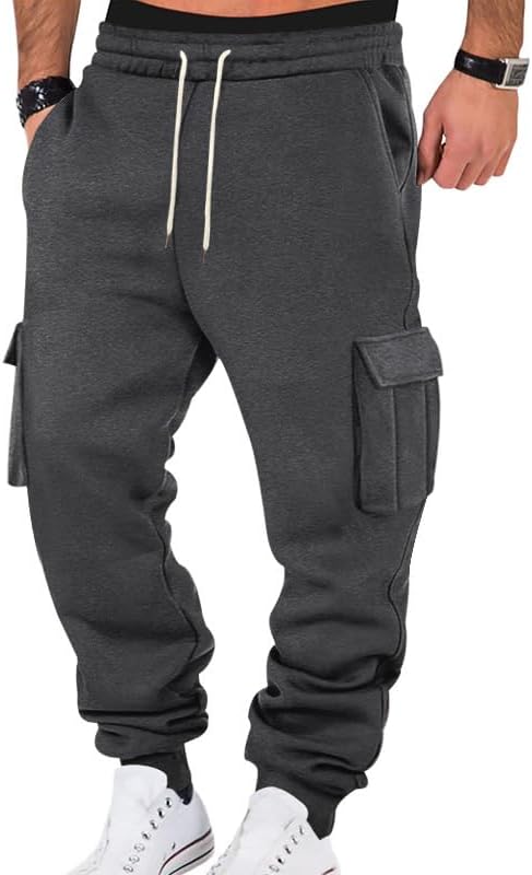 Mens Fleece Cargo Sweatpants Heavyweight Elastic Waist Pants with Pockets Baggy Drawstring Jogger Pants - Image 14