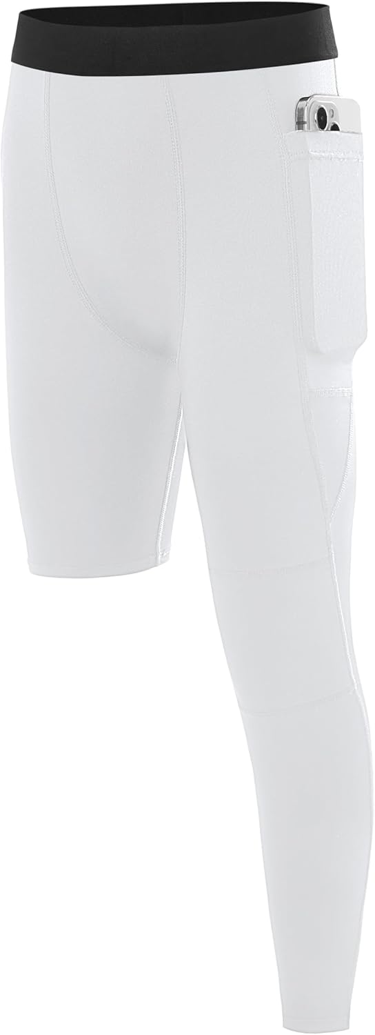Boys Compression One Leg 3/4 Tights, Youth Single Leggings for Basketball Running, Kids Athletic Pants Capri with Pockets - Image 10