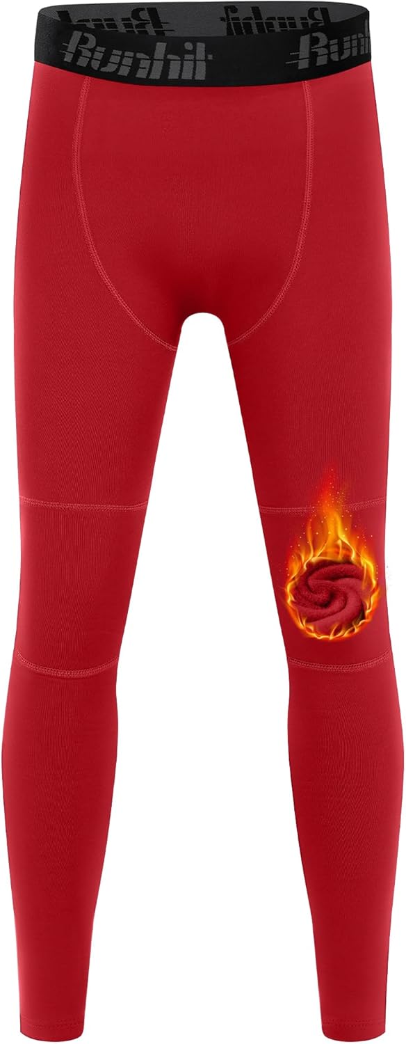 Runhit Boys Compression Leggings Fleece Lined - Youth Sports Tights Kids Thermal Base Layer Pants Cold Weather Gear