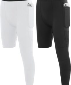 Boys Compression One Leg 3/4 Tights, Youth Single Leggings for Basketball Running, Kids Athletic Pants Capri with Pockets