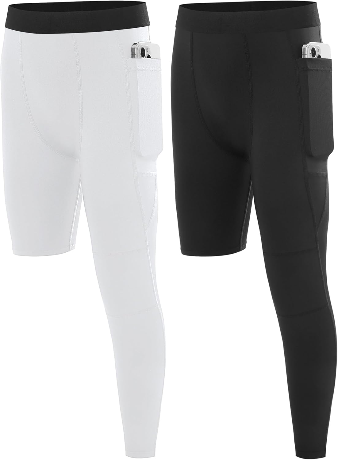 Boys Compression One Leg 3/4 Tights, Youth Single Leggings for Basketball Running, Kids Athletic Pants Capri with Pockets