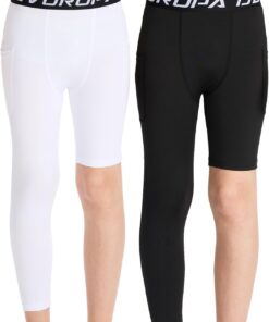 DEVOROPA Youth Boys One Leg Compression Pants for Basketball 3/4 Leggings Sports Tights Athletic Soccer Baselayer Pockets