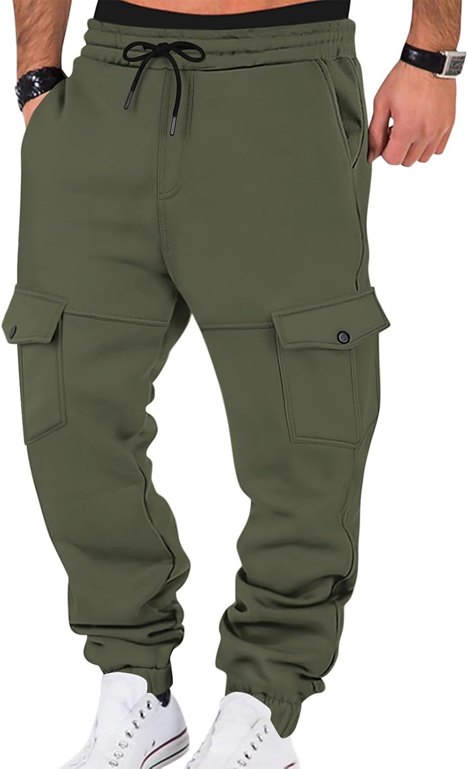 Mens Fleece Cargo Sweatpants Heavyweight Elastic Waist Pants with Pockets Baggy Drawstring Jogger Pants - Image 7