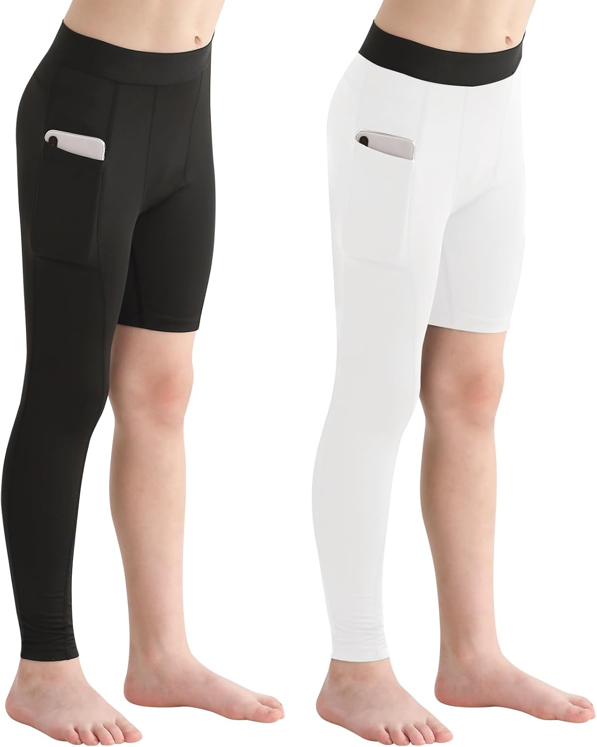 2 Pack Boys Youth One Leg 3/4 Compression Pants Tights for Basketball Running Capris Gym Athletic Base Layer Leggings