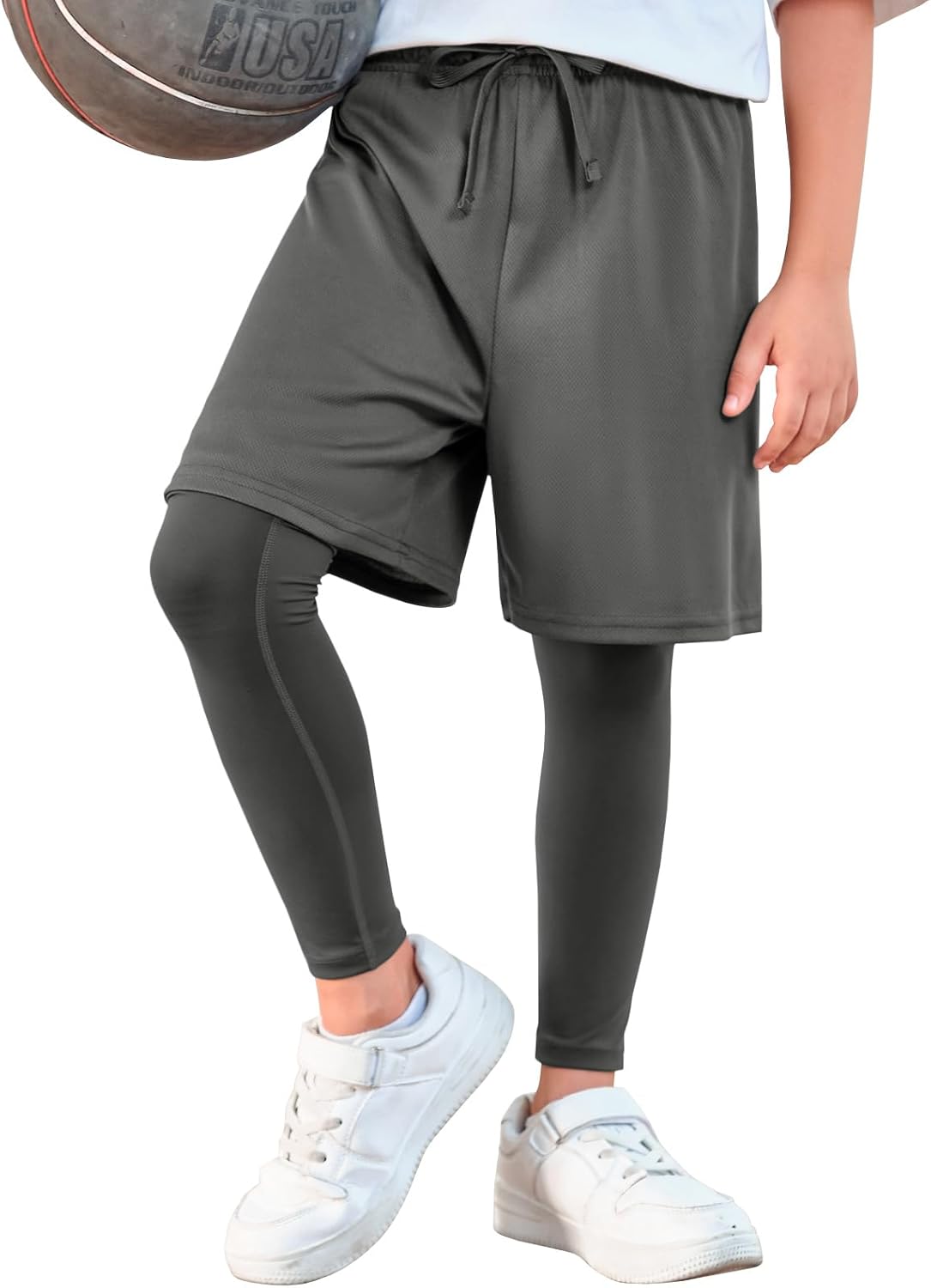 Haloumoning Boys Sports Leggings with Shorts Kids 2 in 1 Running Workout Athletic Legging Pants 5-14 Years - Image 7