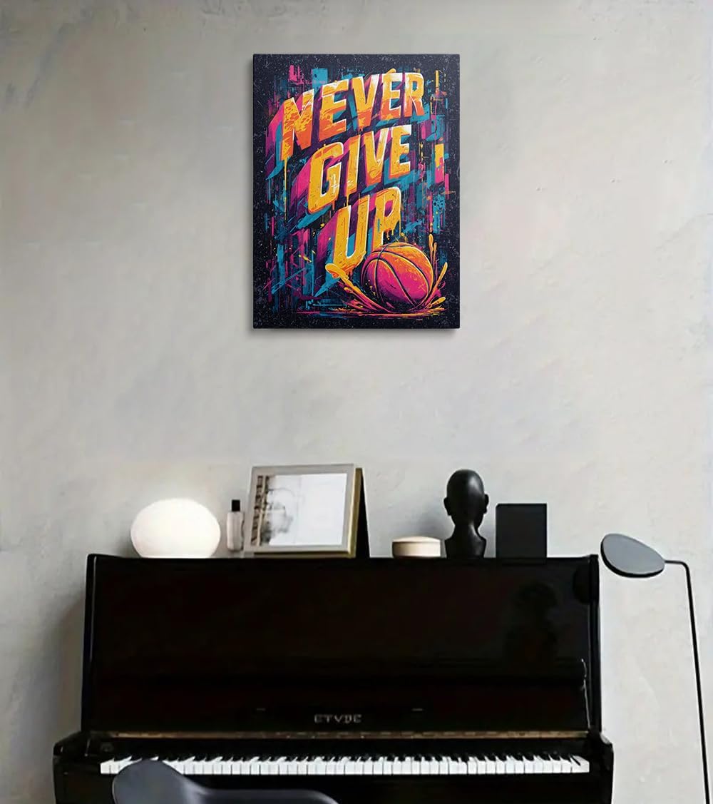 Cool Never Give Up Basketball Motivational Picture Wall Decor Framed Modern Inspirational Canvas Wall Art Graffiti Gym Prints Poster Colorful Painting for Living Room Bedroom Artwork (16"x24") - Image 5