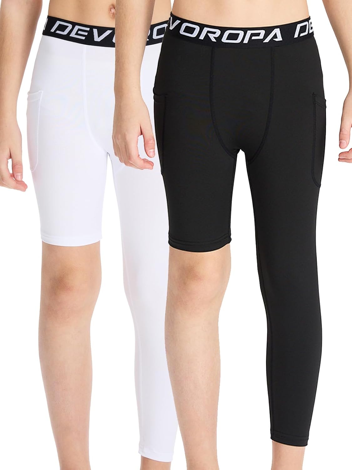 DEVOROPA Youth Boys One Leg Compression Pants for Basketball 3/4 Leggings Sports Tights Athletic Soccer Baselayer Pockets - Image 10