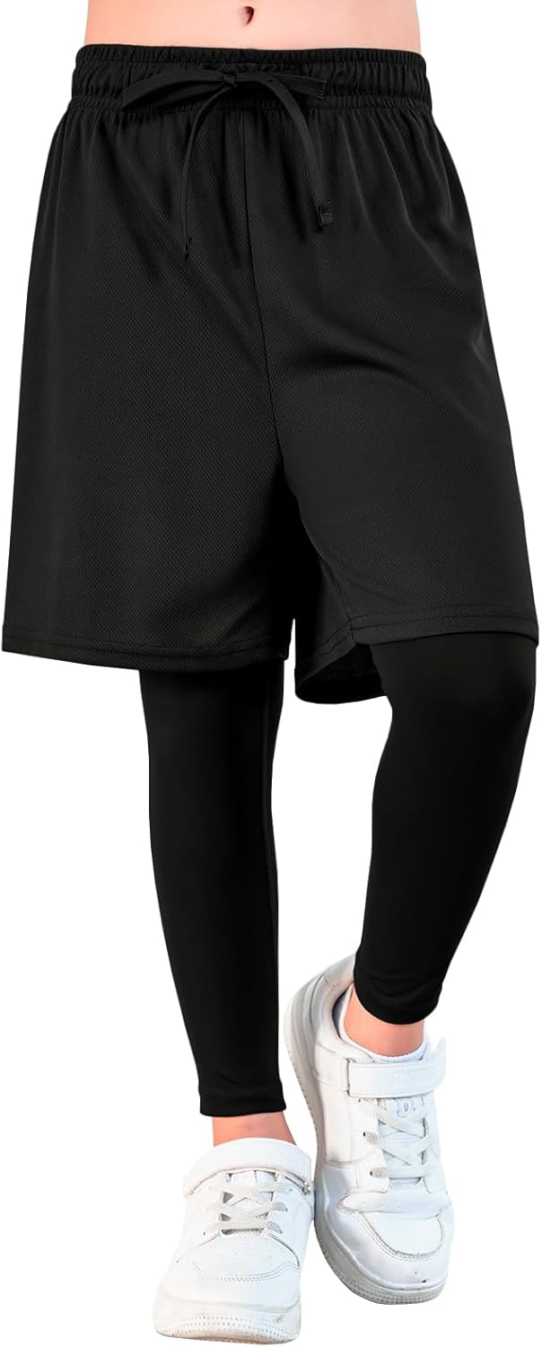 Haloumoning Boys Sports Leggings with Shorts Kids 2 in 1 Running Workout Athletic Legging Pants 5-14 Years - Image 4