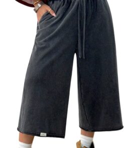 Women's Drawstring Waist Workout Sweat Shorts Wide Leg Baggy Washed Cropped Pants with Pockets