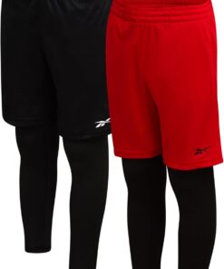 Reebok Boys Basketball Shorts - 2 Pack 2-in-1 Boys Athletic Shorts for Running with Compression Leggings Pockets & Drawstring