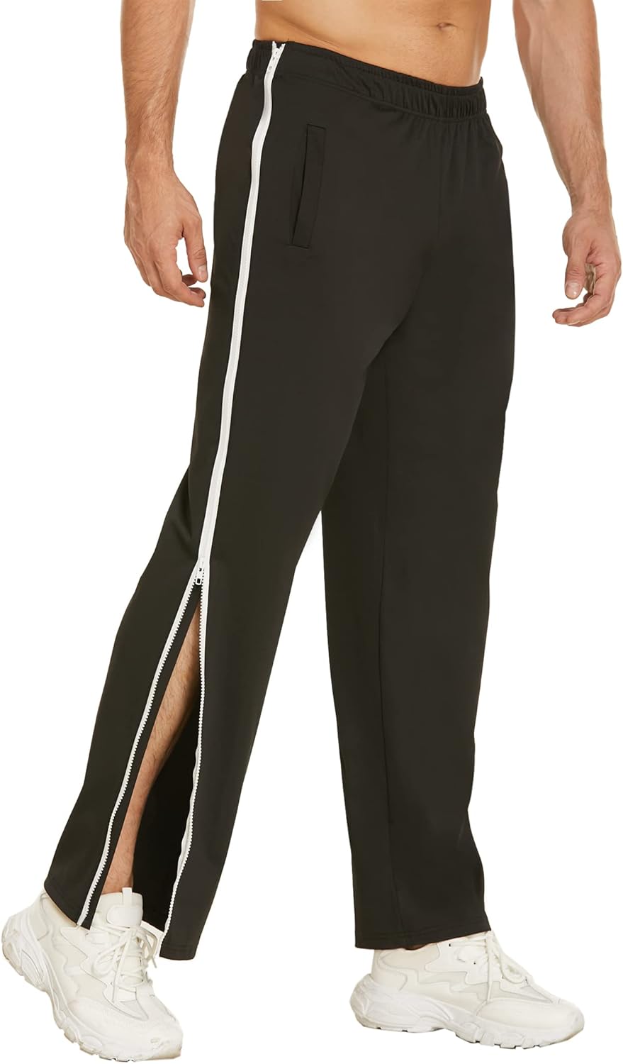 Deyeek Mens Tear Away Basketball Pants 2 Side Zippers Snap Off Full Open Down Sweatpants Leg Post Surgery Pant with Pockets