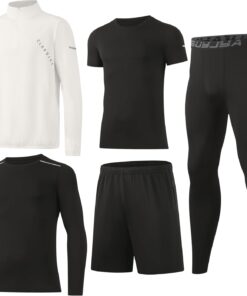 BUYJYA 5Pcs Men's T Shirts Workout Long Sleeve Athletic Zip Pocket Shorts Jackets Compression Pants Gym Basketball Gear
