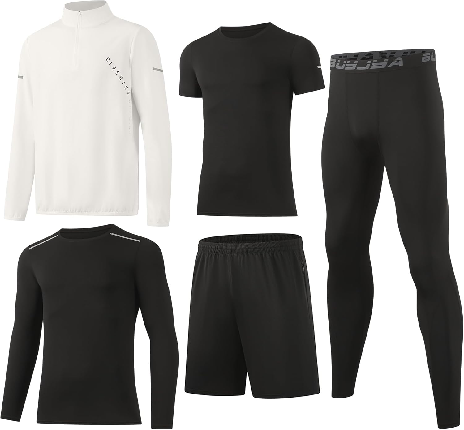 BUYJYA 5Pcs Men's T Shirts Workout Long Sleeve Athletic Zip Pocket Shorts Jackets Compression Pants Gym Basketball Gear