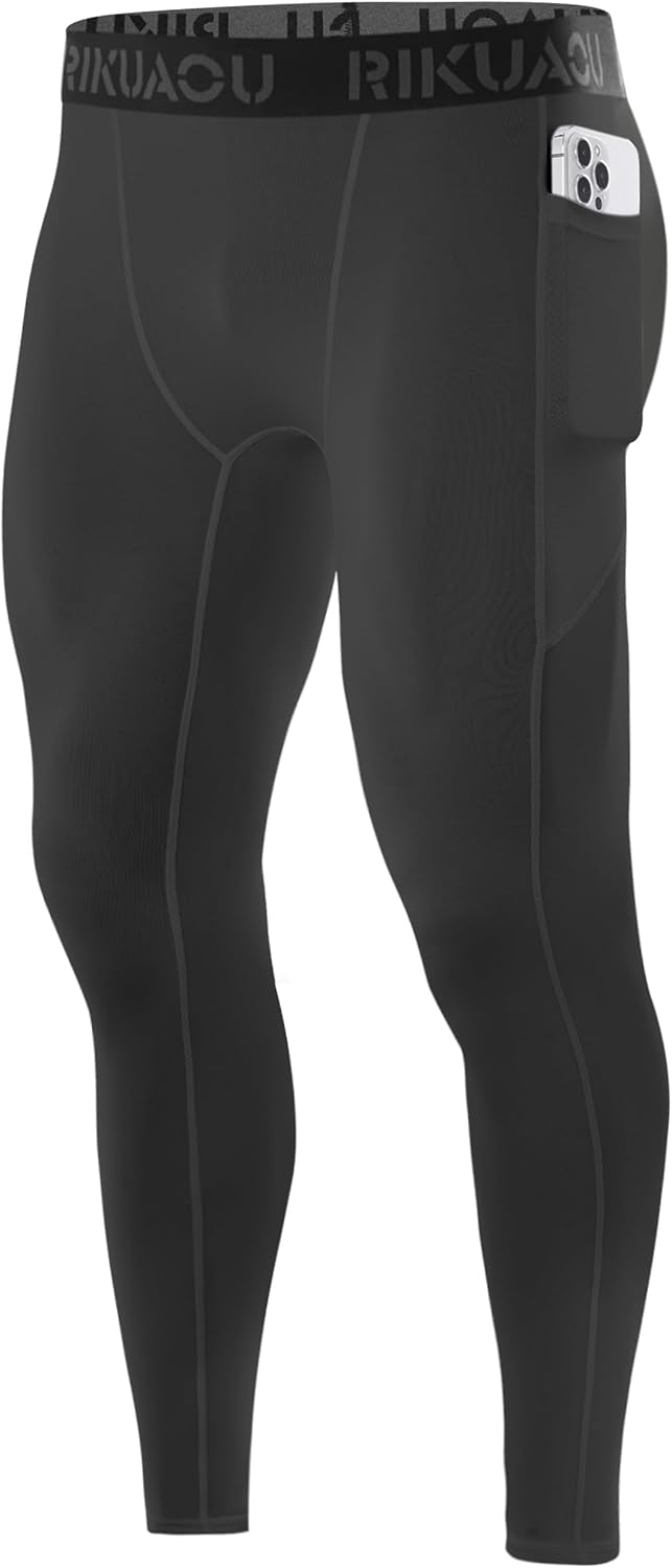 Men’s Compression Pants Running Leggings Athletic Base Layer Workout Tights with Pockets for Sports Basketball