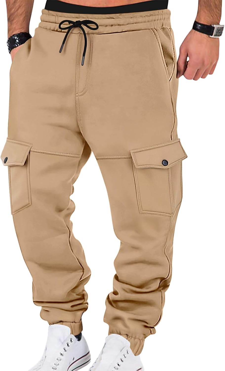 Mens Fleece Cargo Sweatpants Heavyweight Elastic Waist Pants with Pockets Baggy Drawstring Jogger Pants - Image 12