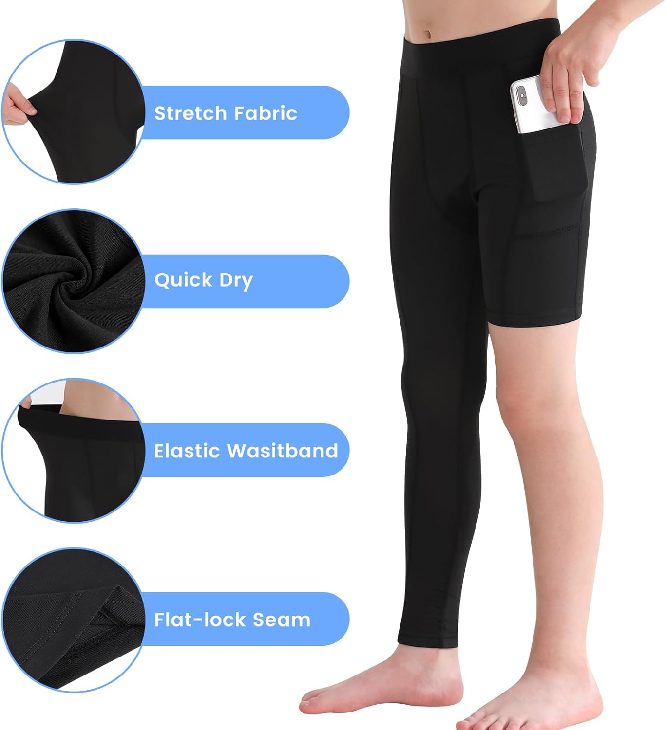 2 Pack Boys Youth One Leg 3/4 Compression Pants Tights for Basketball Running Capris Gym Athletic Base Layer Leggings - Image 4