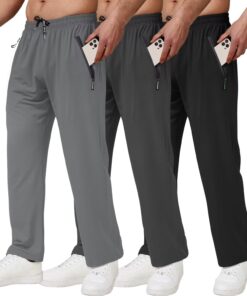 3 Pack Men's Athletic Pants with Zip Pockets, Lightweight, Quick Dry, Workout Sweat Pants