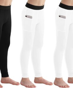 3 Pack Youth Boys Compression Leggings Athletic Pants Basketball Base Layer Football Workout Tights with Side Pockets