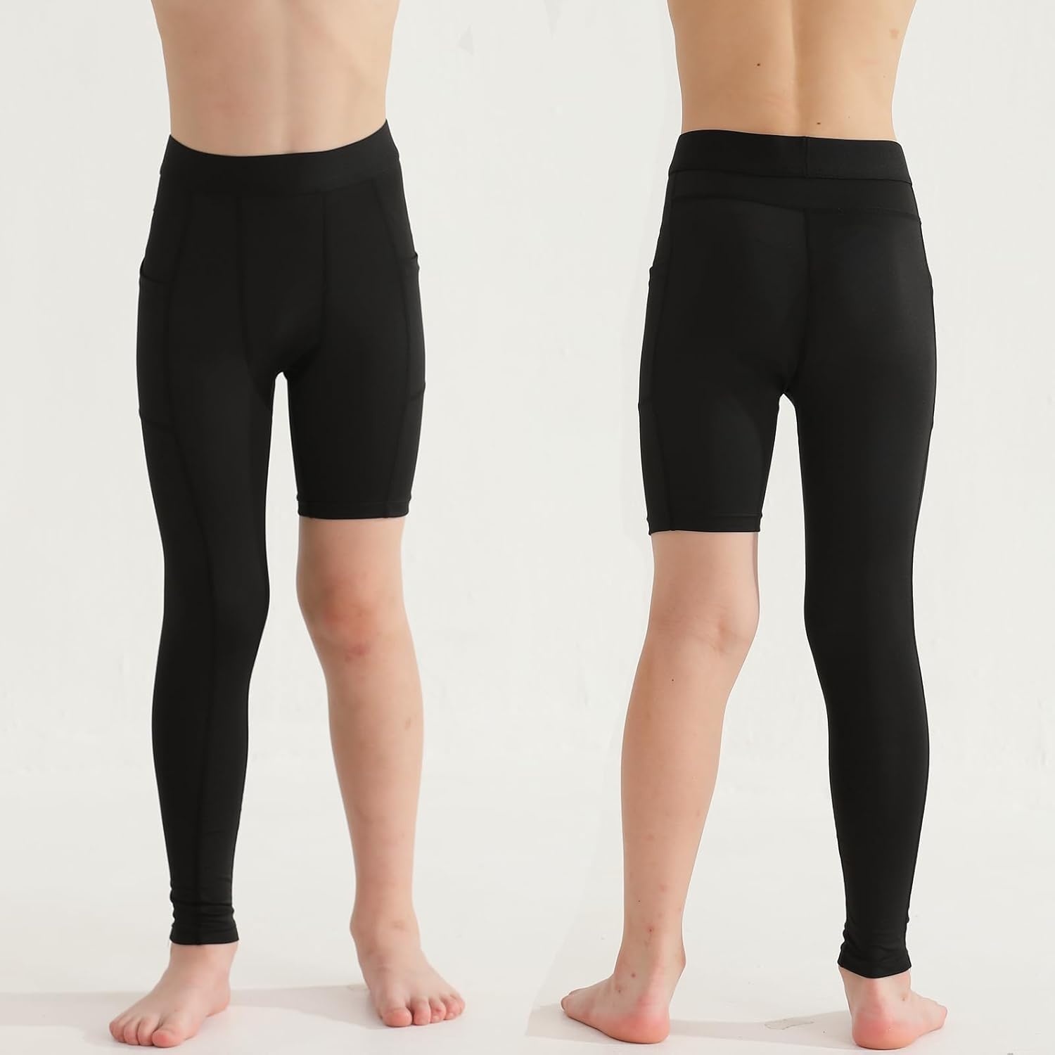 2 Pack Boys Youth One Leg 3/4 Compression Pants Tights for Basketball Running Capris Gym Athletic Base Layer Leggings - Image 2