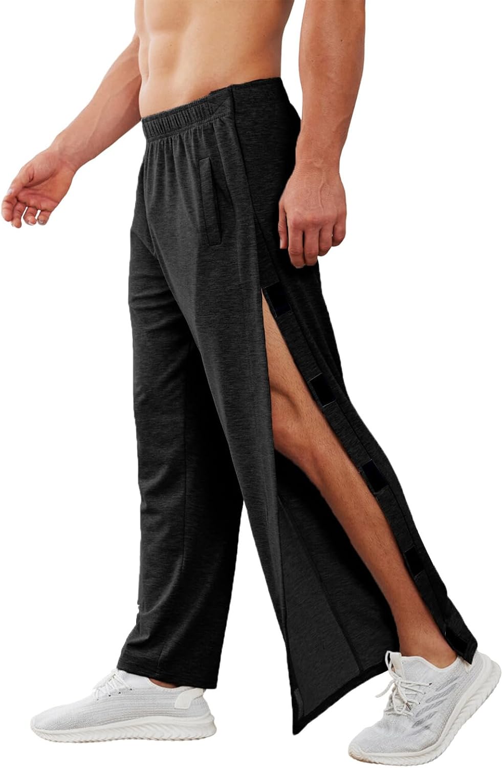 Deyeek Men's Tear Away Pants 2 Side Snap Open Bottom Sweatpants Loose Fit Casual Post Surgery Pants with Pockets