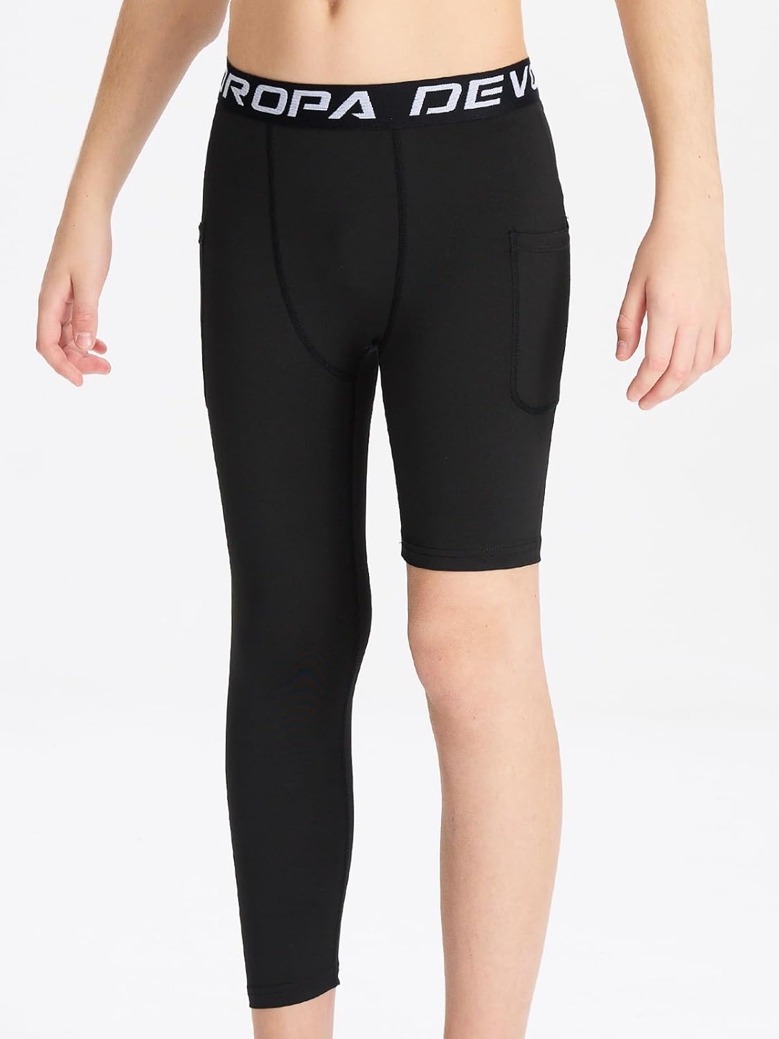 DEVOROPA Youth Boys One Leg Compression Pants for Basketball 3/4 Leggings Sports Tights Athletic Soccer Baselayer Pockets - Image 2