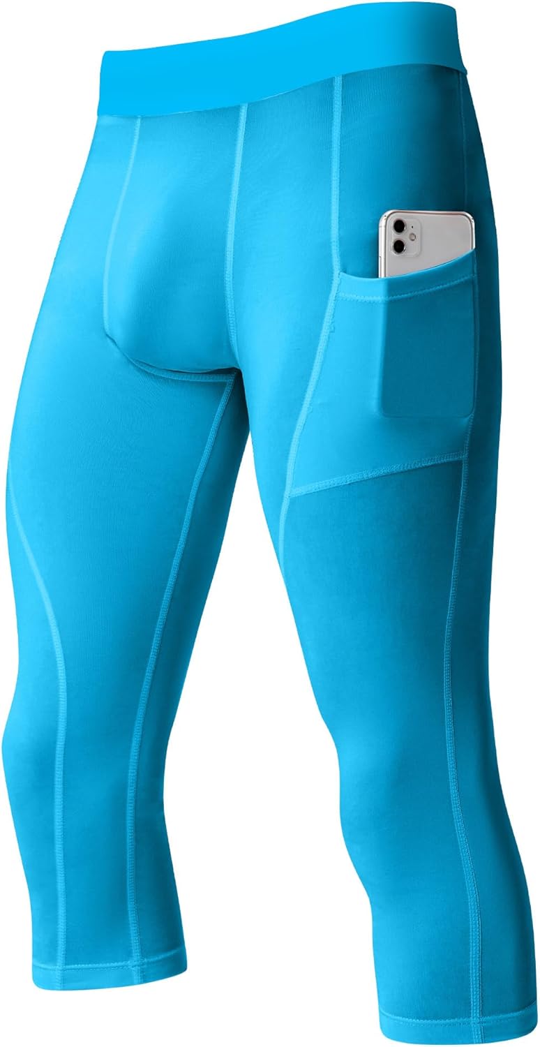 SPVISE Men's 3/4 Compression Pants Athletic Capri Leggings Dry Fit Running Tights with Pocket Basketball Sports Gym Baselayer
