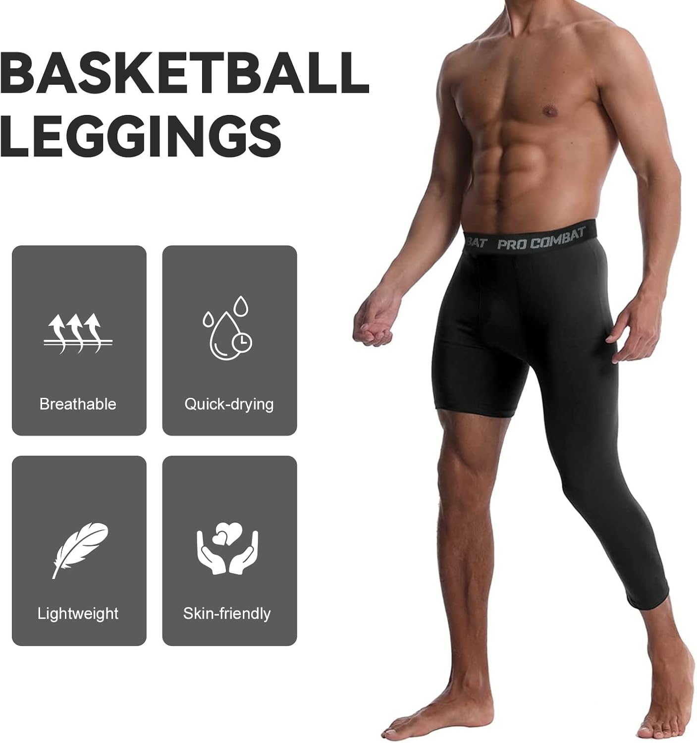 3 Pack Men's Compression Pants Single Leg 3/4 Basketball Tights Leggings Athletic Running Tights One Leg Base Layer Underwear - Image 2
