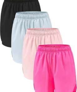 4 Pack Girls Athletic Shorts,Girls Basketball Shorts,Kids Workout Soccer Short for Girl with Drawstring & Pockets