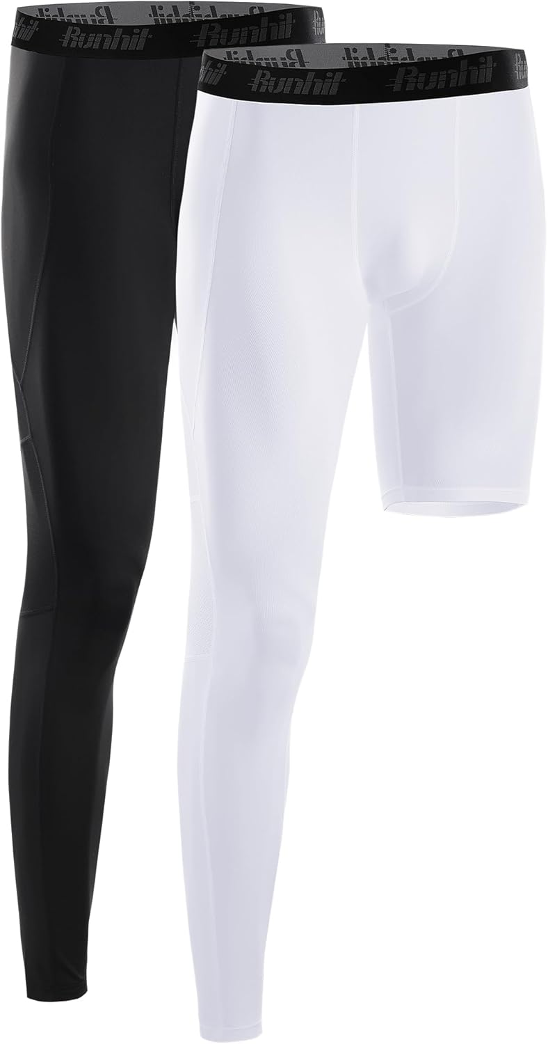 Runhit Men's Basketball One Leg Compression Tights Full Length Single Leg Compression Pants Sports Base Layer Underwear