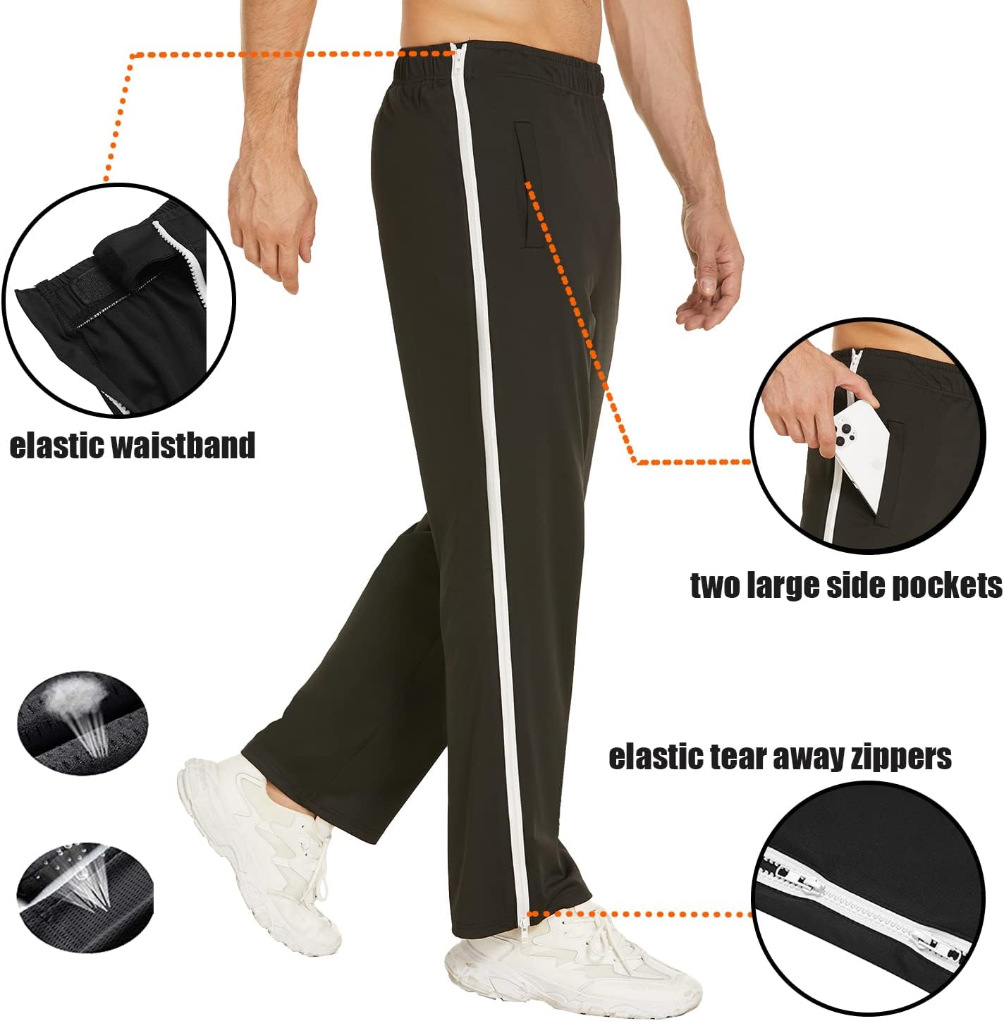 Deyeek Mens Tear Away Basketball Pants 2 Side Zippers Snap Off Full Open Down Sweatpants Leg Post Surgery Pant with Pockets - Image 3