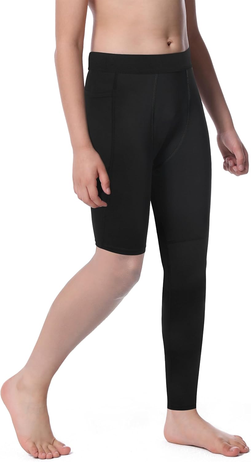 Boys Compression One Leg 3/4 Tights, Youth Single Leggings for Basketball Running, Kids Athletic Pants Capri with Pockets - Image 3