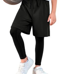 Haloumoning Boys Sports Leggings with Shorts Kids 2 in 1 Running Workout Athletic Legging Pants 5-14 Years