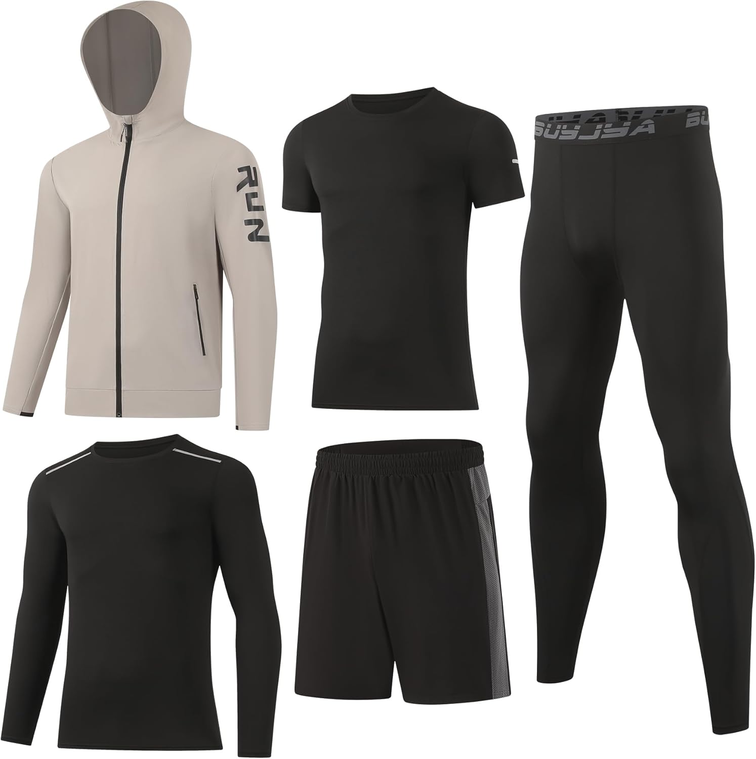 BUYJYA 5Pcs Men's T Shirts Workout Long Sleeve Athletic Zip Pocket Shorts Jackets Compression Pants Gym Basketball Gear - Image 8