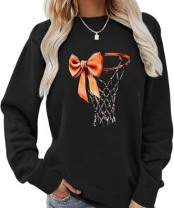 Basketball Crewneck Sweatshirt for Women Game Day Sweatshirts Bow Graphic Long Sleeve Pullover Gameday Themed Gifts
